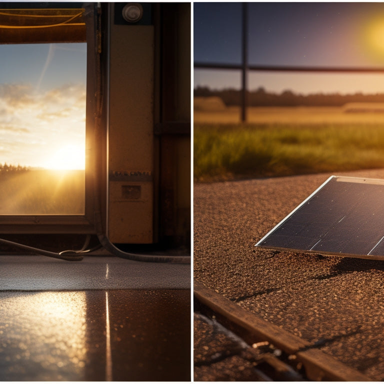 A split-screen image: on the left, a dirty solar panel with grime and debris, contrasted with a sparkling clean panel on the right, with sunbeams and water droplets.