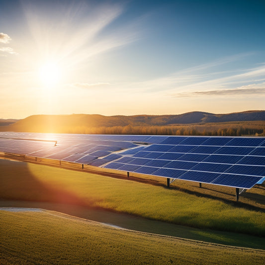 A serene landscape with a modern, sleek solar farm in the foreground, featuring rows of high-efficiency panels with slight angles, set against a bright blue sky with a few wispy clouds.