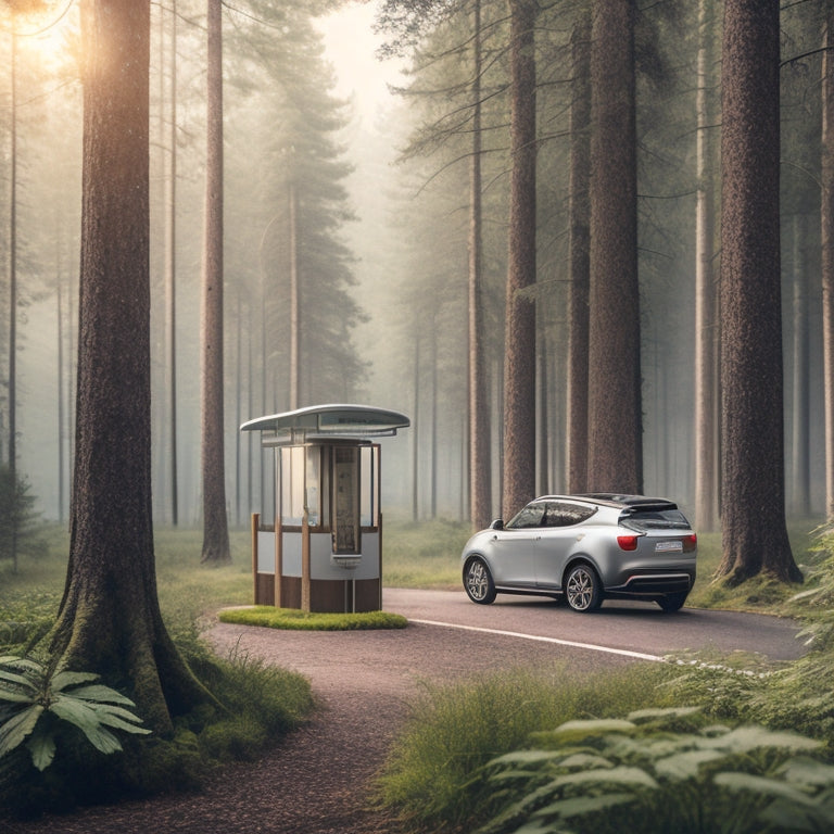 A serene, misty forest background with a sleek, silver electric car parked in front of a wooden charging station, surrounded by lush greenery and a few visible solar panels.