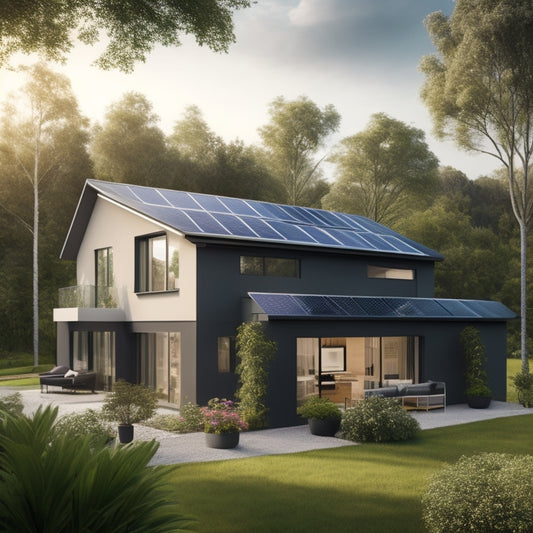 A modern, sleek home with solar panels on the roof, surrounded by lush greenery, featuring a prominent display of various home battery storage units in the foreground, with cables and connectors visible.