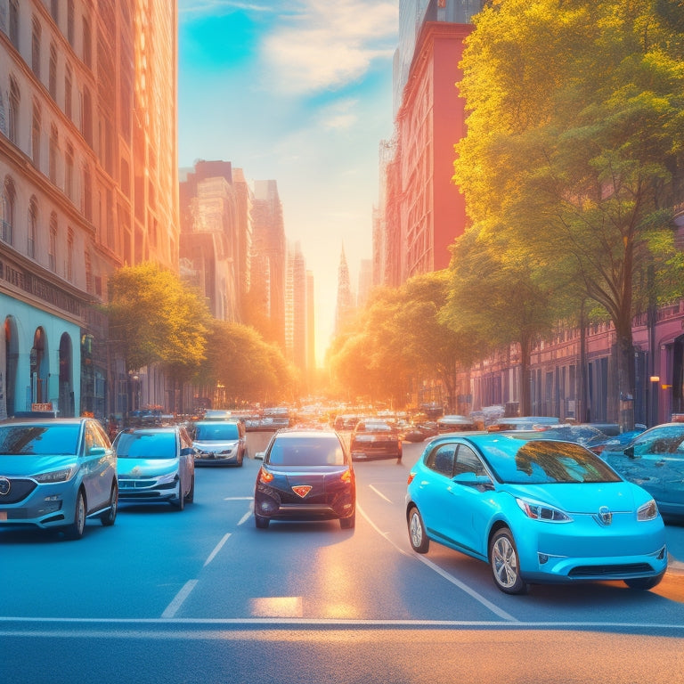 A stylized illustration of a cityscape with various electric vehicles (EVs) parked along the street, each bearing different company logos (e.g., Zipcar, Car2Go, Maven), with blurred pedestrians walking in the background.