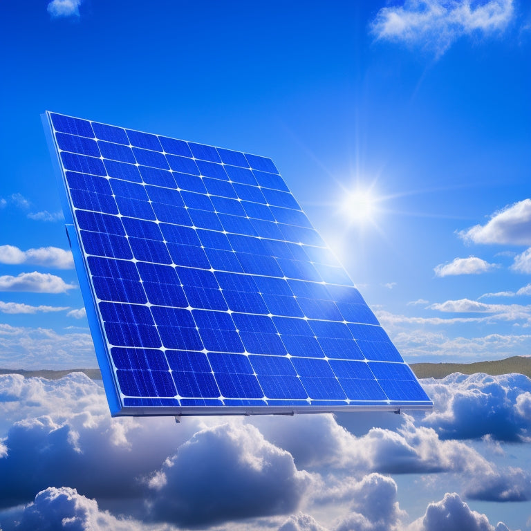 A futuristic, sleek solar panel with a blue-tinted glass surface, featuring a dense array of small, rectangular photovoltaic cells, set against a bright blue sky with fluffy white clouds.