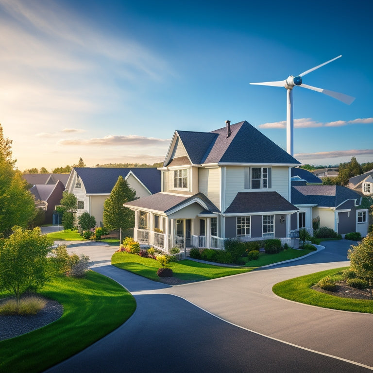 A serene suburban neighborhood with a mix of traditional and modern houses, each with a roof-mounted wind turbine, set against a bright blue sky with a few wispy clouds and sun rays peeking through.