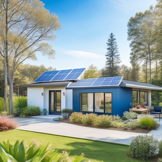 A serene, modern home surrounded by lush greenery, with solar panels on the roof, a wind turbine in the backyard, and a smart thermostat on the wall, amidst a subtle, gradient blue background.