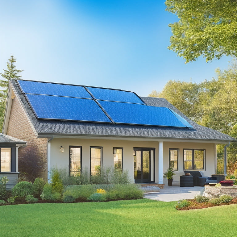 A serene suburban home with various solar panels installed: sleek black roof tiles, freestanding patio panels, and a solar roof vent, surrounded by lush greenery and a bright blue sky.