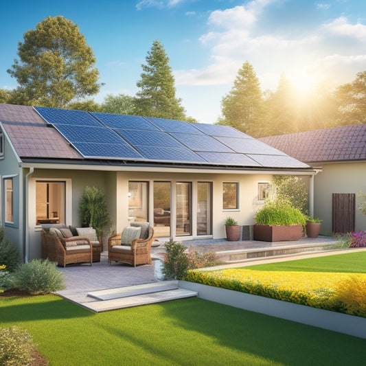 An image depicting a sunny backyard with a house featuring a partially installed solar panel array, with three distinct sections or pathways leading to the house, each representing a financing option.