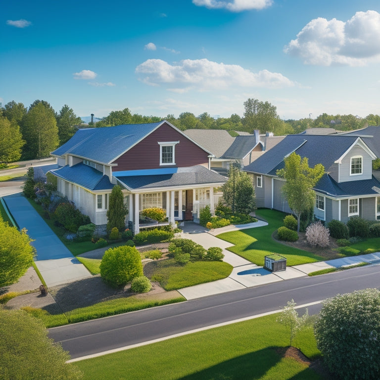 A serene suburban neighborhood with several houses, each with a unique solar panel installation, varying in size and design, set against a bright blue sky with fluffy white clouds.