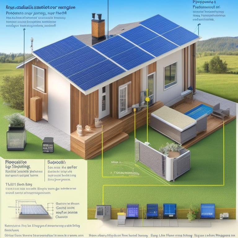 Illustrate a detailed, step-by-step diagram of a residential solar panel system connecting to house wiring, showcasing various components, including panels, inverters, meters, and electrical panels.