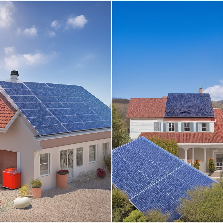 An illustration of two contrasting residential rooftops: one with a traditional solar panel system, and the other with a solar panel system accompanied by a battery backup unit, amidst a sunny blue sky.