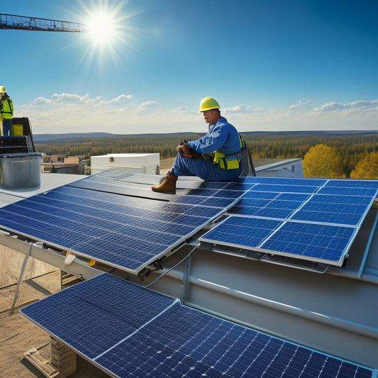 A photo of a person in a hard hat and gloves, holding a solar panel, standing on a residential rooftop with a ladder and toolbox nearby, surrounded by partially installed panels and wires.