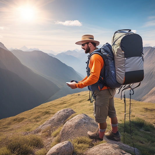 An illustration of a person hiking in the mountains, with a backpack and a cell phone in hand, surrounded by sunny skies and a small solar panel setup attached to their backpack, with wires connecting to the phone.