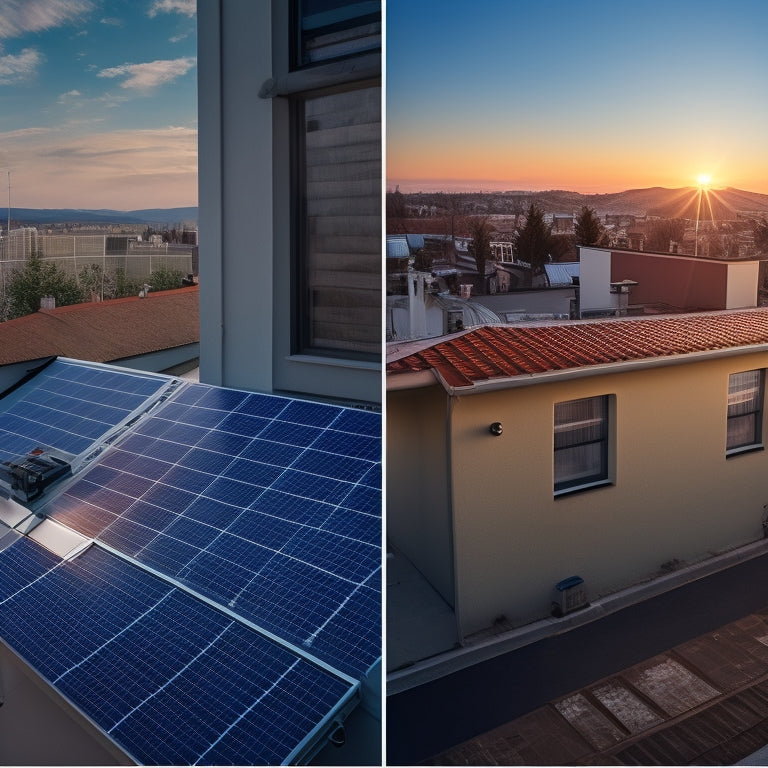 A split-screen image featuring a rooftop with solar panels on one side and a conventional electricity meter on the other, with contrasting bright and dim lighting, and varying meter speeds.