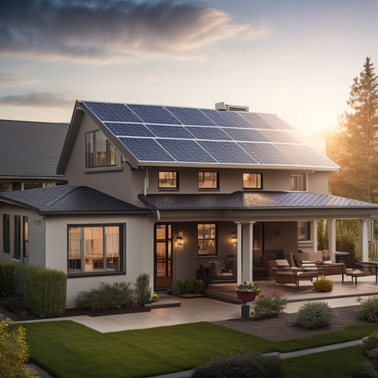 A sunny suburban home with a rooftop solar panel array, a sleek battery backup unit installed on the side of the house, and a cityscape with commercial buildings in the background.