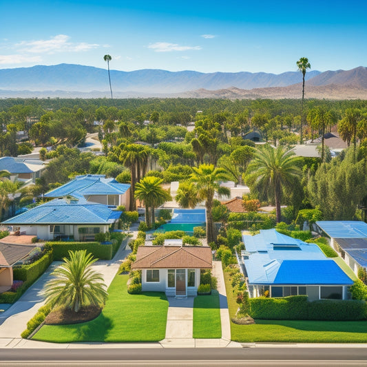 A serene California suburban neighborhood with rows of solar panels installed on rooftops, with a few palm trees and a bright blue sky in the background.