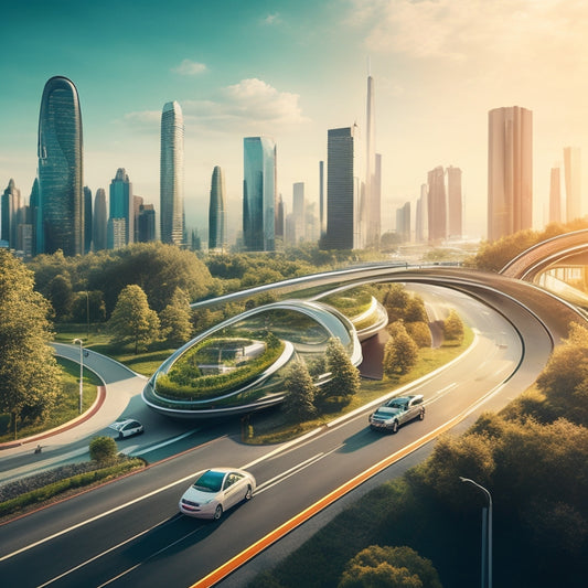 An illustration of a futuristic cityscape with sleek, curved roads and highways, showcasing EV charging stations, smart traffic lights, and autonomous vehicles flowing smoothly, surrounded by greenery and modern skyscrapers.