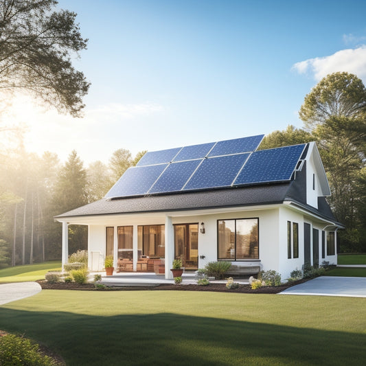 A serene suburban home with a sleek, modern solar array installed on its roof, surrounded by lush greenery and a bright blue sky with a few puffy white clouds.