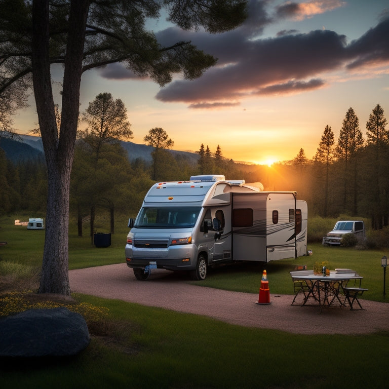 A serene RV campsite at sunset, with a mix of lush green trees and rocky terrain, featuring an RV with solar panels installed on its roof, connected to a battery and inverter.