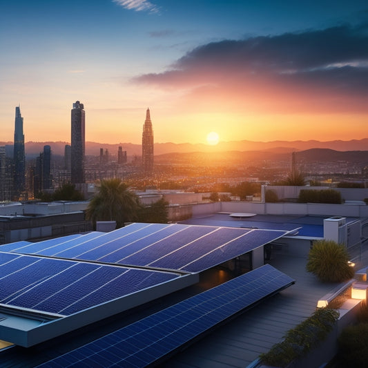 A photorealistic illustration of a modern rooftop with various solar panels, highlighted in bright blue, amidst a cityscape at dusk, with a subtle glow effect around the panels.