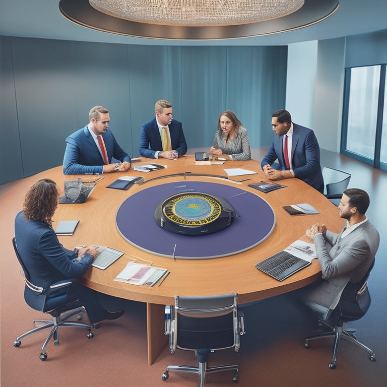 An illustration of a sleek, modern conference room with a large, circular table surrounded by 5 diverse individuals engaged in a productive discussion, with laptops, notes, and a projector screen displaying a concise, color-coded graph.