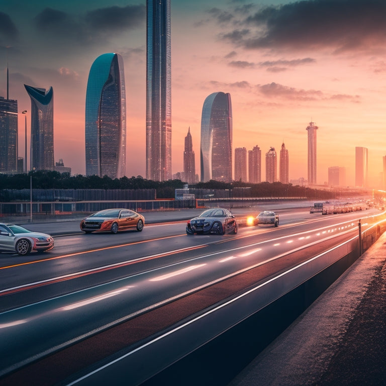 A futuristic cityscape at dusk with sleek, high-tech EV charging stations lining the highway, robotic arms swiftly swapping batteries in the foreground, and electric vehicles zooming by in the background.