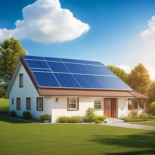 An illustration of a residential house with solar panels on the roof, surrounded by a bright blue sky with fluffy white clouds, and a subtle green landscape in the background.