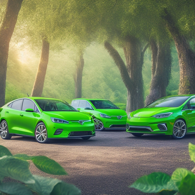 An illustration featuring three sleek, eco-friendly cars with opened hoods, showcasing their respective green conversion kits, set against a bright green background with leafy vines crawling up the edges.