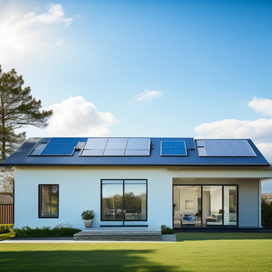 A serene, modern home with a rooftop solar panel array and a sleek, silver inverter unit installed on the exterior wall, set against a bright blue sky with fluffy white clouds.