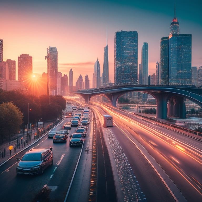 A futuristic cityscape at dusk, with sleek, electric vehicles gliding along dedicated lanes, while autonomous buses and hyperloops connect skyscrapers, amidst a network of green spaces and elevated pedestrian walkways.