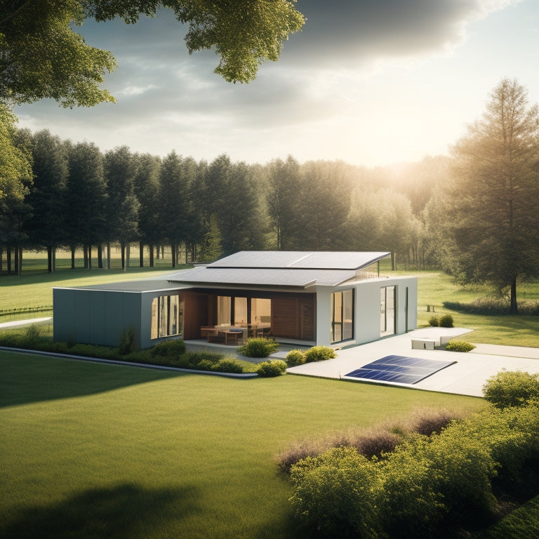 A serene landscape with a modern home in the distance, surrounded by lush greenery, featuring a sleek solar panel array on the roof and a compact battery storage unit on the lawn.