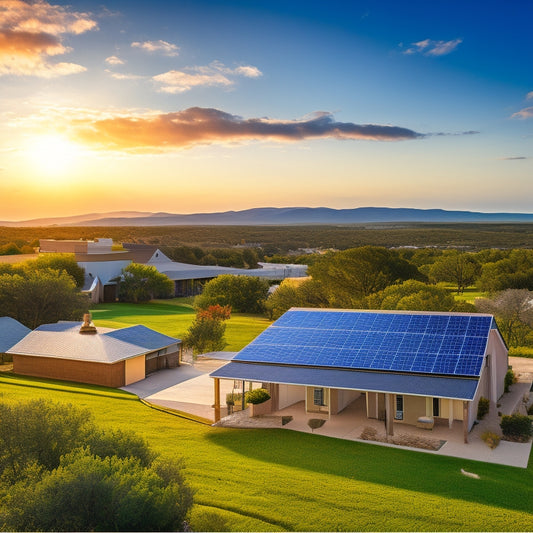 A serene Texas landscape with a suburban home in the distance, surrounded by sprawling hills and a bright blue sky, featuring a prominent solar panel installation on the rooftop.