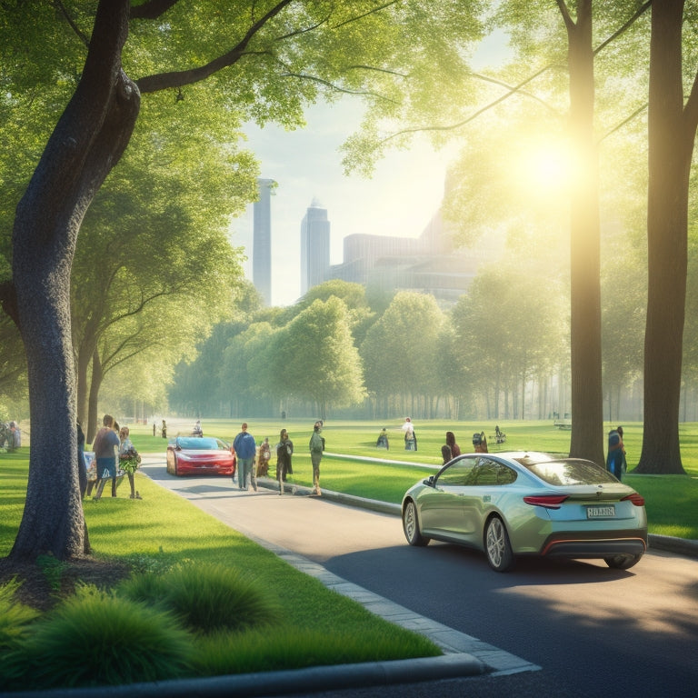 A serene, sunlit cityscape with sleek, eco-friendly cars (electric or hybrid) parked alongside a lush green park, with a few people walking or biking in the background, conveying a sense of sustainability.