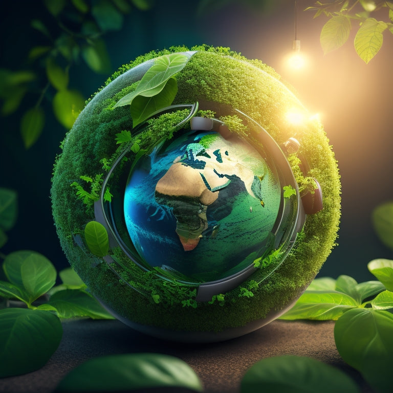 A stylized globe with green leaves and vines wrapping around it, surrounded by various digital devices and icons representing different online platforms, with a subtle glow and sparkles to convey innovation and sustainability.