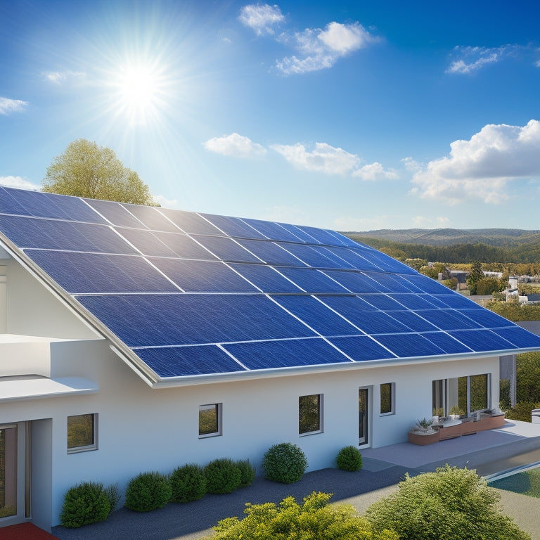 An illustration of a residential rooftop with a partially installed solar panel array, with a few panels tilted at an angle, and a small section of the roof remaining uncovered, set against a bright blue sky.