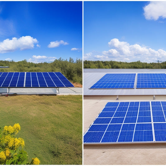 A split-screen image: a clean, well-maintained solar panel array on a residential rooftop, with a bright blue sky and fluffy white clouds, versus a neglected, dirty, and worn-out array with broken panels and overgrown vegetation.