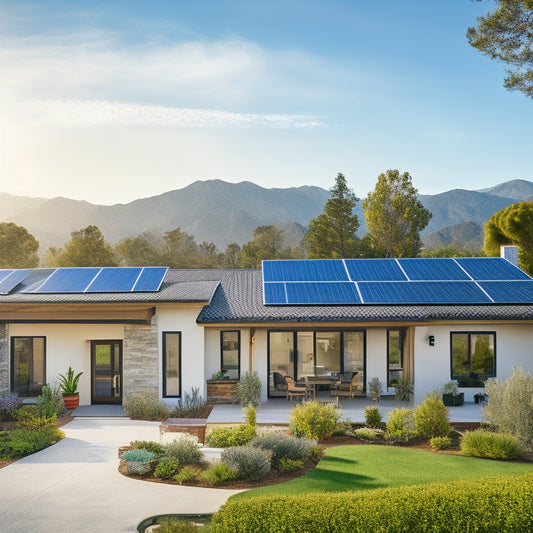 A serene California home with a roof-mounted solar panel array, surrounded by lush greenery and a bright blue sky, with a subtle hint of the San Gabriel Mountains in the background.