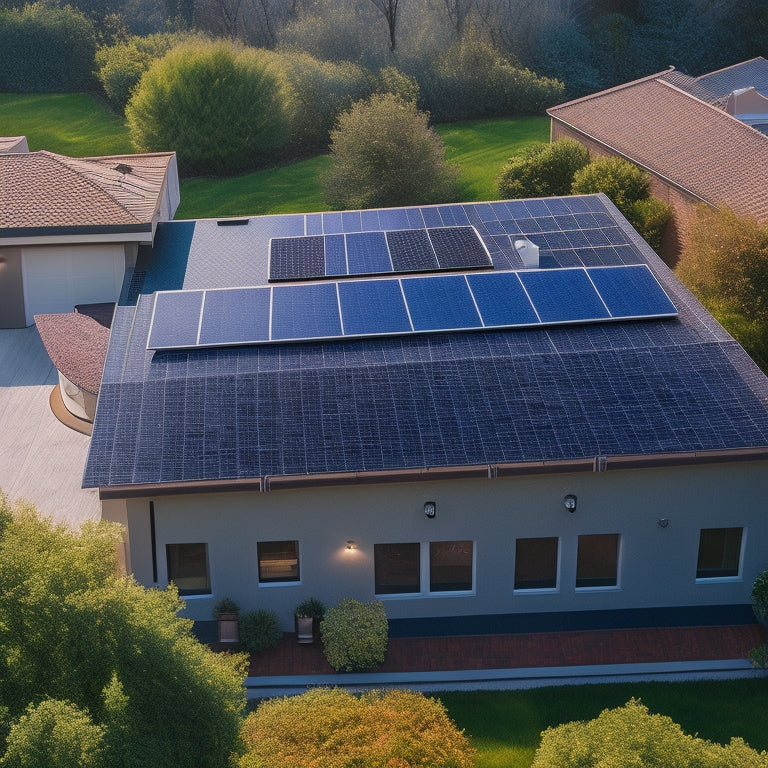 An aerial view of a residential rooftop with a sleek, black solar panel array installed, surrounded by neatly trimmed roof tiles, with a few strategically placed vents and skylights.