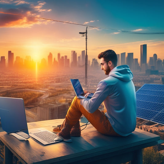 A futuristic illustration of a person sitting in front of a laptop, surrounded by solar panels and wires, with a cityscape in the background, illuminated by a bright, sunny light.