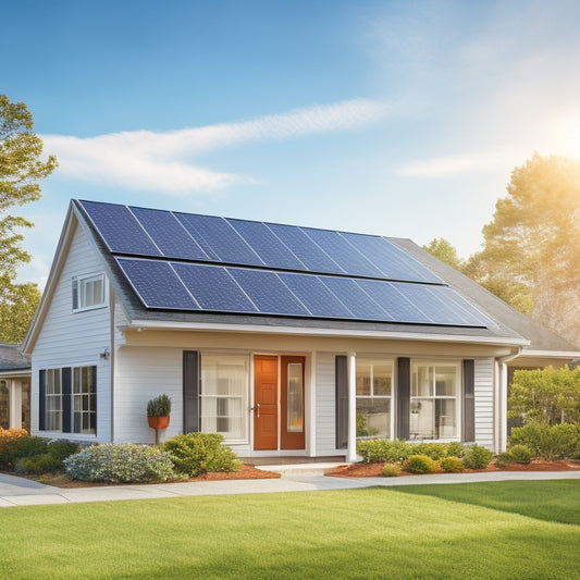 A serene suburban home with a solar panel array on the roof, a sleek battery unit on the exterior wall, and a faint grid of electrical connections, set against a bright blue sky with a few wispy clouds.