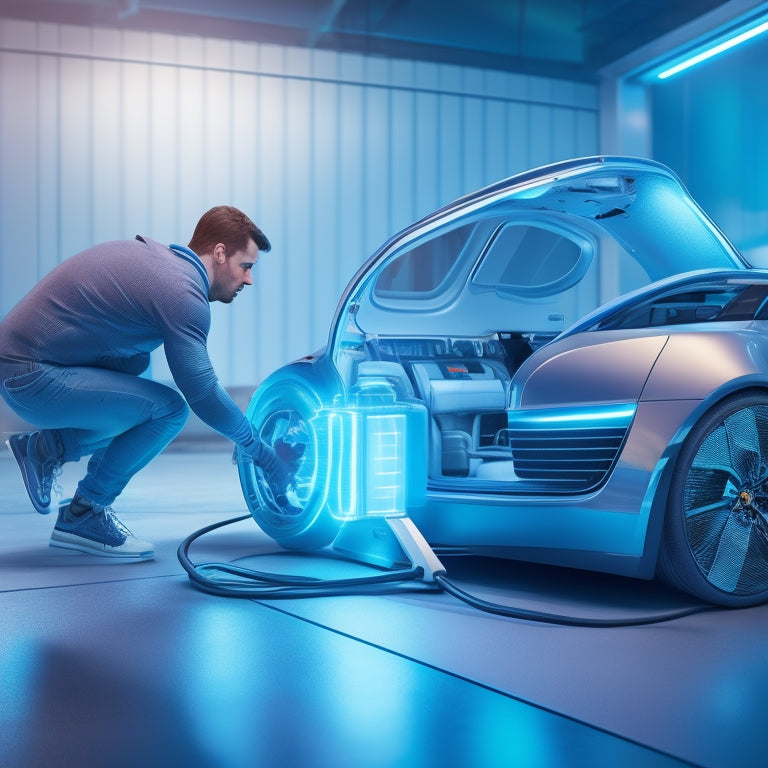 An illustration of a futuristic, sleek, and silver electric vehicle with its hood open, revealing a glowing blue battery pack being effortlessly swapped out by a robotic arm.