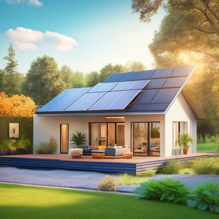 An illustration of a modern, eco-friendly home with a sleek solar panel array on the roof, a compact battery storage system in the background, and lush greenery surrounding the property.