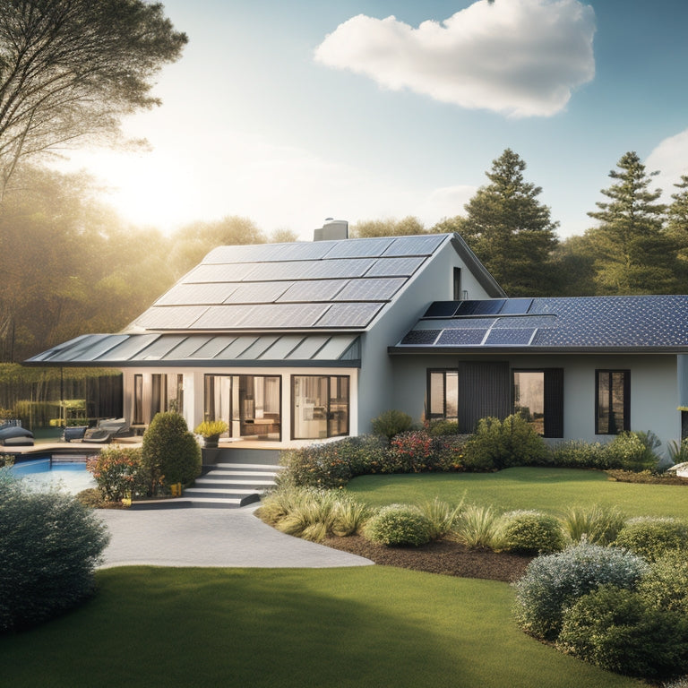 A serene suburban home with a sloping roof, adorned with a mix of sleek black and silver solar panels, surrounded by lush greenery and a bright blue sky with a few puffy white clouds.