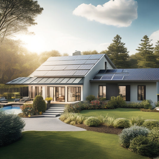 A serene suburban home with a sloping roof, adorned with a mix of sleek black and silver solar panels, surrounded by lush greenery and a bright blue sky with a few puffy white clouds.