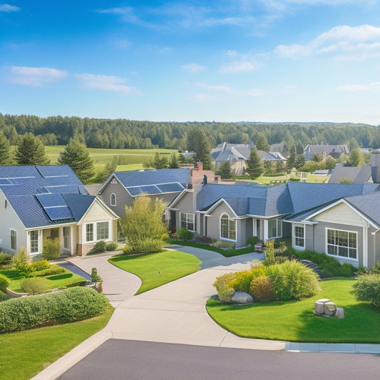 A serene suburban neighborhood with 5-7 identical homes, each with a distinct roof-mounted solar panel array, varying in size and configuration, set against a clear blue sky with few white clouds.