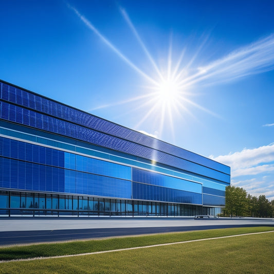 A modern office building with a sleek, silver roof, partially covered with rows of gleaming black solar panels, set against a bright blue sky with a few wispy white clouds.