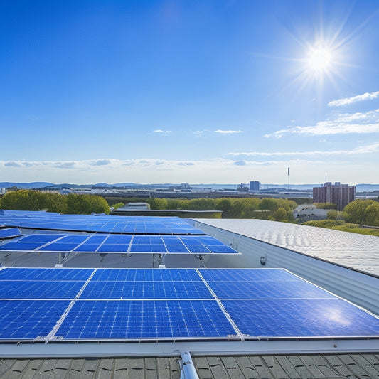 A serene rooftop scene with three distinct solar panel installation methods: traditional rack-mounted, sleek integrated, and innovative building-integrated photovoltaics, set against a bright blue sky with fluffy white clouds.