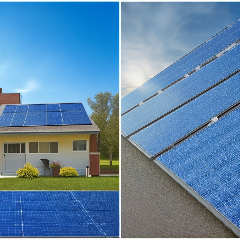 A split-screen image featuring a rooftop with traditional asphalt shingles on one side and a sleek, modern solar panel array on the other, with a bright blue sky and sun shining down.