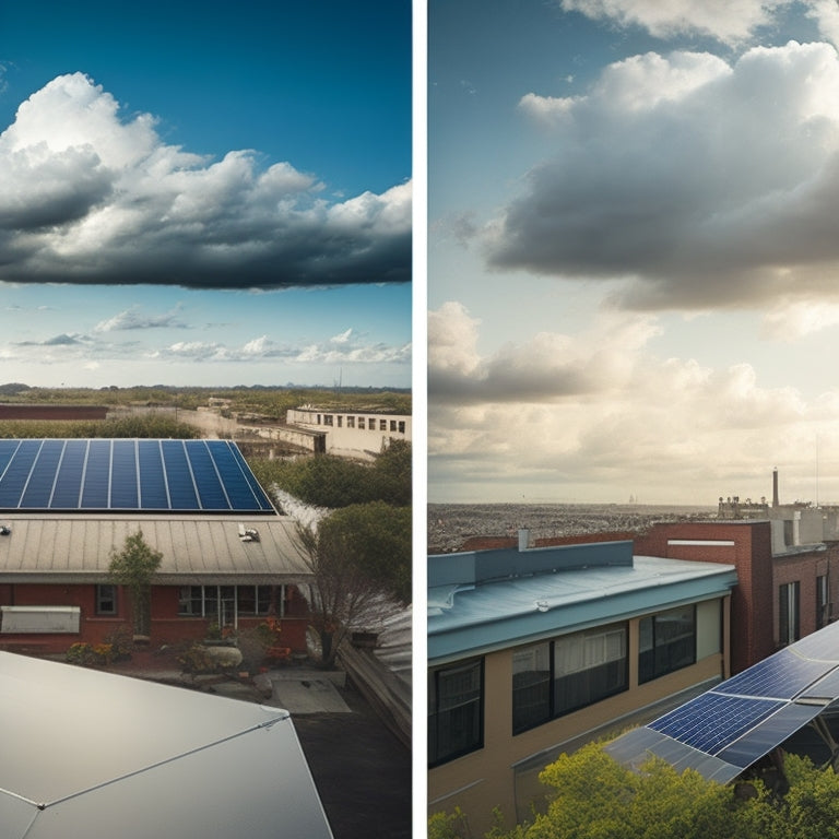 A split-screen image: a sunny rooftop with sleek solar panels on one side, and a cluttered, worn-out roof with outdated panels on the other, with a faint, ominous storm cloud looming in the background.