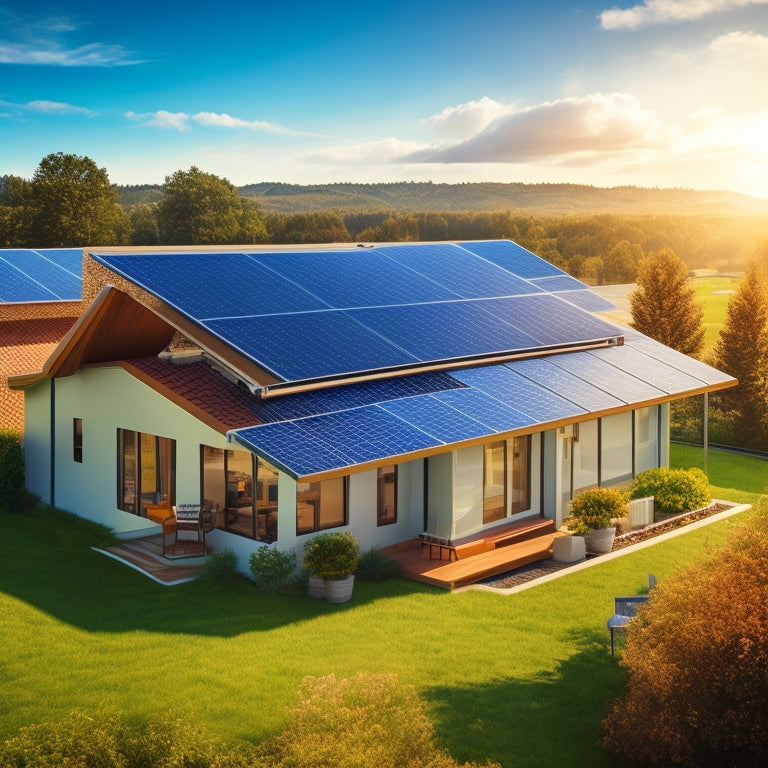 An image depicting a residential rooftop with solar panels installed, alongside a lawn with a ground-mounted solar panel system, with a subtle background of a sunny sky and a few fluffy clouds.