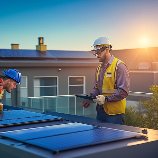 A photorealistic illustration depicting a residential rooftop with solar panels, a sleek battery storage unit, and a technician in a hard hat and gloves, inspecting the installation with a tablet.