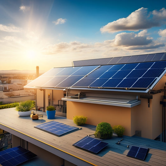 A photo-realistic illustration of a rooftop with solar panels in various stages of installation, showcasing tools, wires, and mounting hardware, with a subtle background of a sunny sky and fluffy clouds.